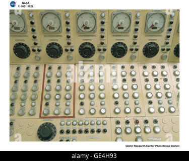 This close-up of the right side of the control panel in the reactor control room shows the controls for the manual operation of the shim rods. Each rod has its own speed dial, meter, indicator lights, control buttons, and scram button. The buttons within the square on the left-hand side controlled the regulating rod that could activate a junior &quot;scram&quot; (a partial scram using only one regulating rod). It was designated within the box so that operators could quickly locate the rod's control buttons in case of emergency. The full scram buttons, which dropped all the control rods simulta Stock Photo