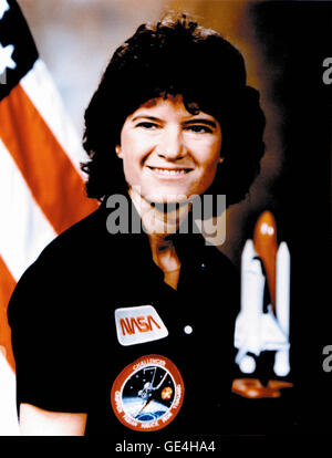 Sally Ride was the first American woman in space. Born on May 26, 1951 in Los Angeles, California, she received a Bachelor in Physics and English in 1973 from Stanford University and, later, a Master in Physics in 1975 and a Doctorate in Physics in 1978, also from Stanford. NASA selected Dr. Ride as an astronaut candidate in January 1978. She completed her training in August 1979, and began her astronaut career as a mission specialist on STS-7, which launched from Kennedy Space Center, Florida on June 18, 1983. The mission spent 147 hours in space before landing on a lakebed runway at Edwards  Stock Photo
