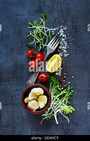 top; view; food; salad; herbs; tomato; kitchen; white; oil; gourmet; vinegar; salt; italian; pepper; green; french; bowl; set; s Stock Photo