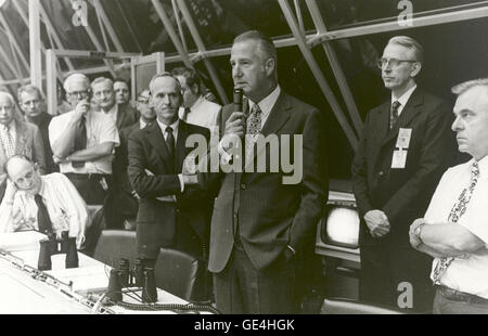 Vice President Spiro T. Agnew congratulates launch team personnel, in firing room #1 of launch control minutes after the successful launch of Apollo 17 from Complex 39-A at 12:33 am EST, December 7, 1972, with astronauts Eugene A. Cernan, Ronald E. Evans, and Harrison H. Schmitt aboard. Apollo 17, NASA's sixth and final manned lunar landing mission in the Apollo program, landed within 200 feet of the targeted point in the Taurus-Littrow landing site on the lunar surface at 2:55 pm EST on December 11, 1972.   Image # : 72-H-1538 Stock Photo