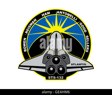 Launch: May 14, 2010, 2:20 pm EDT Landing: May 26, 2010, 8:48 am EDT, Kennedy Space Center Space Shuttle: Atlantis  Crew: Commander Kenneth T. Ham, Pilot Dominic A. Antonelli, Mission Specialists Michael T. Good, Garrett E. Reisman, Piers J. Sellers, Stephen G. Bowen STS-132 was the final planned mission for the space shuttle Atlantis, and was scheduled to deliver an Integrated Cargo Carrier and a Russian-built Mini Research Module to the International Space Station. This was the 34th space shuttle mission to the International Space Station.   www.nasa.gov/mission pages/shuttle/shuttlemissions Stock Photo