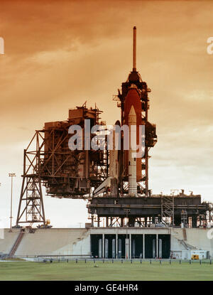 A view of Space Shuttle Columbia sitting on Launch Pad 39A at the Kennedy Space Center following the rollout for its STS-4 mission. The mission launched on June 27, 1982 as the final test flight for the shuttle program.   Image # : s82-32169 Date: May 26, 1982) Stock Photo