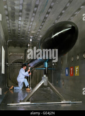 Navy submarine undergoing tests in the National Transonic Facility. Because air works in the same way as a liquid, it can be used to simulate the effects of water on a submarine hull. Stock Photo