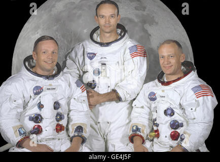 Portrait of the prime crew of the Apollo 11 lunar landing mission. From left to right they are: Commander, Neil A. Armstrong, Command Module Pilot, Michael Collins, and Lunar Module Pilot, Edwin E. Aldrin Jr. On July 20th 1969 at 4:18 PM, EDT the Lunar Module &quot;Eagle&quot; landed in a region of the Moon called the Mare Tranquillitatis, also known as the Sea of Tranquillity. After securing his spacecraft, Armstrong radioed back to earth: &quot;Houston, Tranquility Base here, the Eagle has landed&quot;. At 10:56 p.m. that same evening and witnessed by a worldwide television audience, Neil Ar Stock Photo