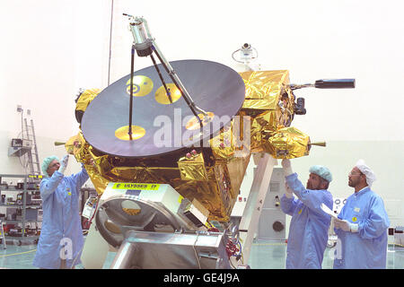 Technicians in Hangar AO on Cape Canaveral Air Force Station continue preflight checkout and testing of the Ulysses spacecraft. Ulysses was a NASA/European Space Agency project scheduled for launch on Space Shuttle Mission STS-41.  Image # : 90PC-1008 Stock Photo