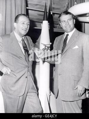 Description: (1954) Walt Disney visited Dr. Werhner von Braun, then Chief, Guided Missile Development Operation Division at Army Ballistic Missile Agency (ABMA) in Redstone Arsenal, Alabama in 1954. In the 1950's, von Braun worked with Disney Studio as a technical director, making three films about space exploration for television.  Center: MSFC    Image # : 9132000 Stock Photo