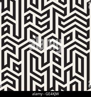 Vector Seamless Black And White Maze Lines Geometric Irregular Pattern Stock Vector