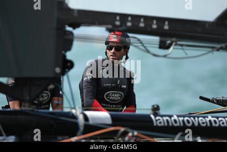 Land Rover BAR's skipper and helmsman Sir Ben Ainslie during one of the practice races on day two of the America's Cup Portsmouth event. Stock Photo