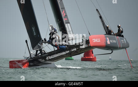 Oracle Team USA during one of the practice races on day two of the America's Cup Portsmouth event. Stock Photo