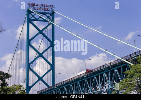 The Ambassador Bridge spans the Detroit River between Windsor Ontario Canada and Detroit Michigan, USA. Stock Photo