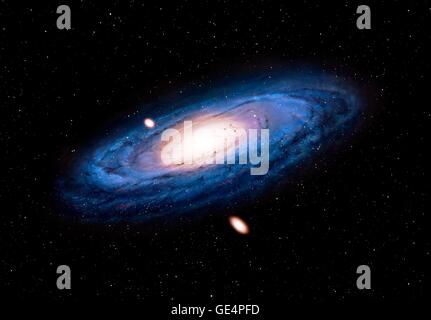 Andromeda galaxy, digital artwork. Andromeda is the nearest large galaxy to our own. It measures around 140, 000 light years across and is located 2.5 million light years away in the constellation of the same name. Two of its satellites dwarf galaxies, M32 and M110, are also shown. Stock Photo