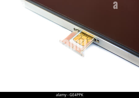 Closeup Nano SIM card ready to insert to smartphone on white background Stock Photo