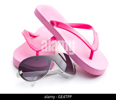 Flip flops and sunglasses isolated on white background with clipping ...