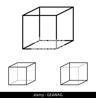 Necker cube optical illusion. Ambiguous line drawing. Most people see the left interpretation of the cube. Stock Photo