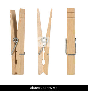 vintage wooden clothes pins isolated on a white background Stock Photo