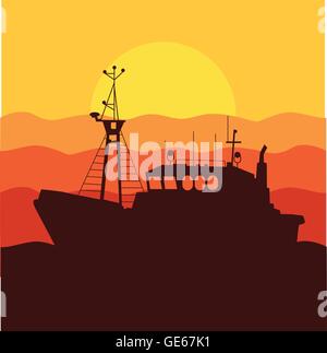 Fishing boat sunset vector background concept for poster Stock Vector