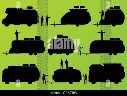 Tourist camper camping vehicles detailed silhouettes illustration Stock Vector