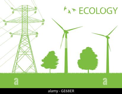 Wind alternative energy generator green vector background and high voltage line for poster Stock Vector