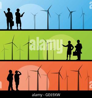 Wind electricity generators and windmills with men and women engineers in landscape ecology illustration background vector Stock Vector