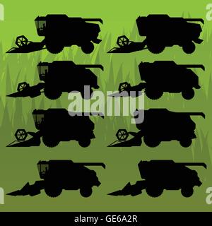 Combine harvesting crop wheat, barley, rye, oats and corn grain fields in background vector silhouette illustration Stock Vector