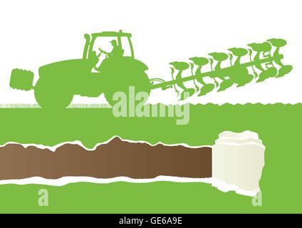 Agriculture tractor plowing the land in cultivated country grain field landscape background illustration vector ecology concept  Stock Vector