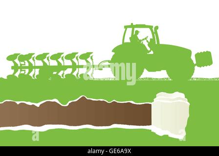Agriculture tractor plowing the land in cultivated country grain field landscape background illustration vector ecology concept  Stock Vector