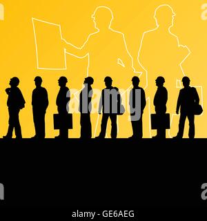 Men engineers miners and construction workers in helmets work line crowd unemployment concept vector background illustration Stock Vector