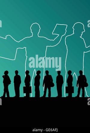 Men engineers miners and construction workers in helmets work line crowd unemployment concept vector background illustration Stock Vector