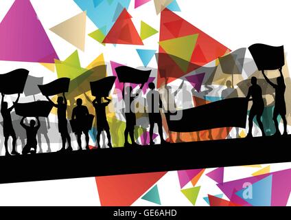 People silhouettes of cheering or protesting man and women with banners and signs in abstract vector background illustration Stock Vector