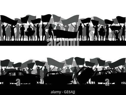 Protesters angry people crowd with posters and flags in abstract riot landscape background illustration Stock Vector