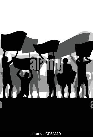 Protesters angry people crowd with posters and flags in abstract riot ...