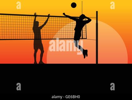 Active young men volleyball player sport silhouettes in abstract background illustration Stock Vector