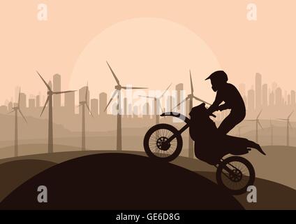 Wind electricity generators, windmills and all terrain motorcycle in desert city landscape ecology illustration background vecto Stock Vector