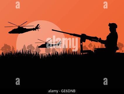 Army soldier with helicopters, guns and transportation in wild mountain forest nature landscape background illustration vector Stock Vector
