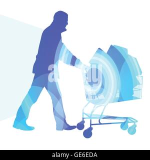 Man with shopping cart full of bags silhouette illustration vector background colorful concept made of transparent curved shapes Stock Vector