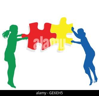 Teamwork solution background vector. Kids making together colorful jigsaw puzzle Stock Vector