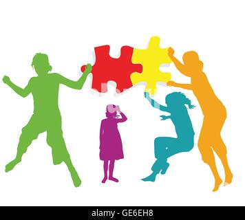 Teamwork solution background vector. Kids making together colorful jigsaw puzzle Stock Vector