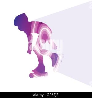 Man, teenage boy driving with inline skates, skating vector background colorful concept made of transparent curved shapes Stock Vector