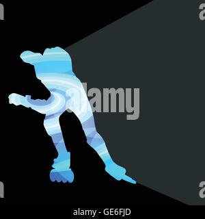 Man, teenage boy driving with inline skates, skating vector background colorful concept made of transparent curved shapes Stock Vector