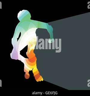 Man, teenage boy driving with inline skates, skating vector background colorful concept made of transparent curved shapes Stock Vector