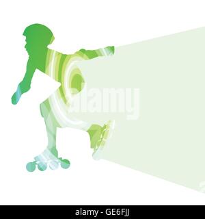 Man, teenage boy driving with inline skates, skating vector background colorful concept made of transparent curved shapes Stock Vector