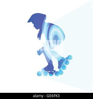 Man, teenage boy driving with inline skates, skating vector background colorful concept made of transparent curved shapes Stock Vector