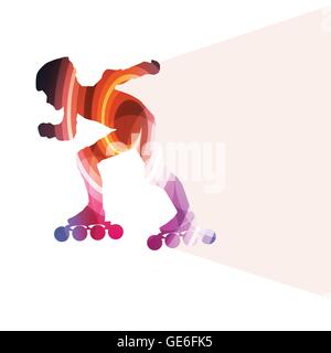 Man, teenage boy driving with inline skates, skating vector background colorful concept made of transparent curved shapes Stock Vector