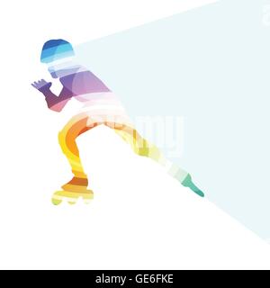 Man, teenage boy driving with inline skates, skating vector background colorful concept made of transparent curved shapes Stock Vector