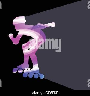 Man, teenage boy driving with inline skates, skating vector background colorful concept made of transparent curved shapes Stock Vector