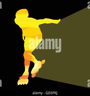 Man, teenage boy driving with inline skates, skating vector background colorful concept made of transparent curved shapes Stock Vector