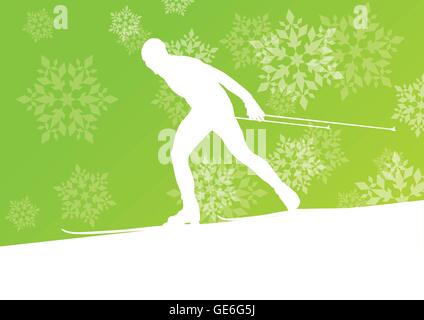 Man skiing athlete skier skiing extreme winter background concept with snowflakes falling Stock Vector