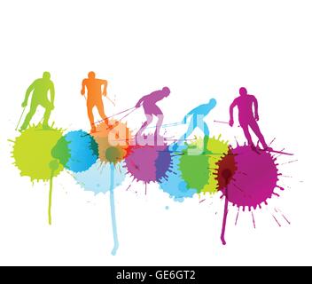 Cross country skiing vector background concept with color splashes Stock Vector
