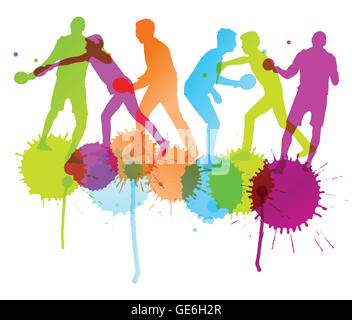 Table tennis player silhouettes ping pong vector background with ink splashes Stock Vector