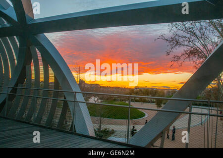 View from Perrault bridge at dusk. Madrid Rio park, Madrid, Spain. Stock Photo